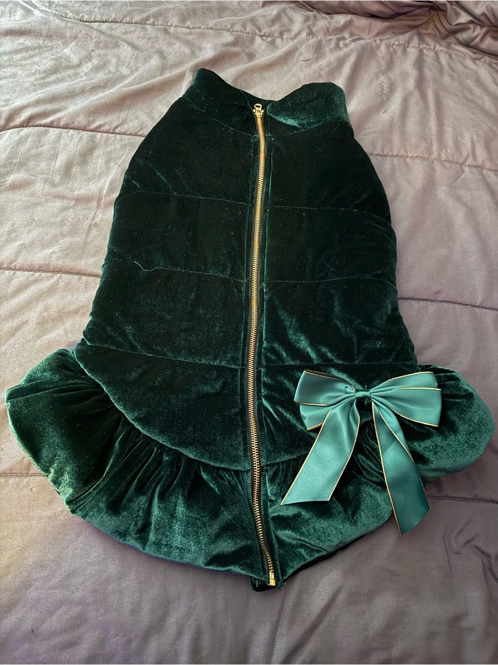 Velvet Green Ruffle Dress with Bow Accent for Dogs